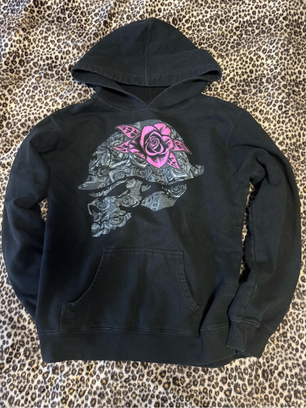 Authentic Vintage Metal Mulisha Black Hoodie w Pink Rose Skull Graphic fits XS